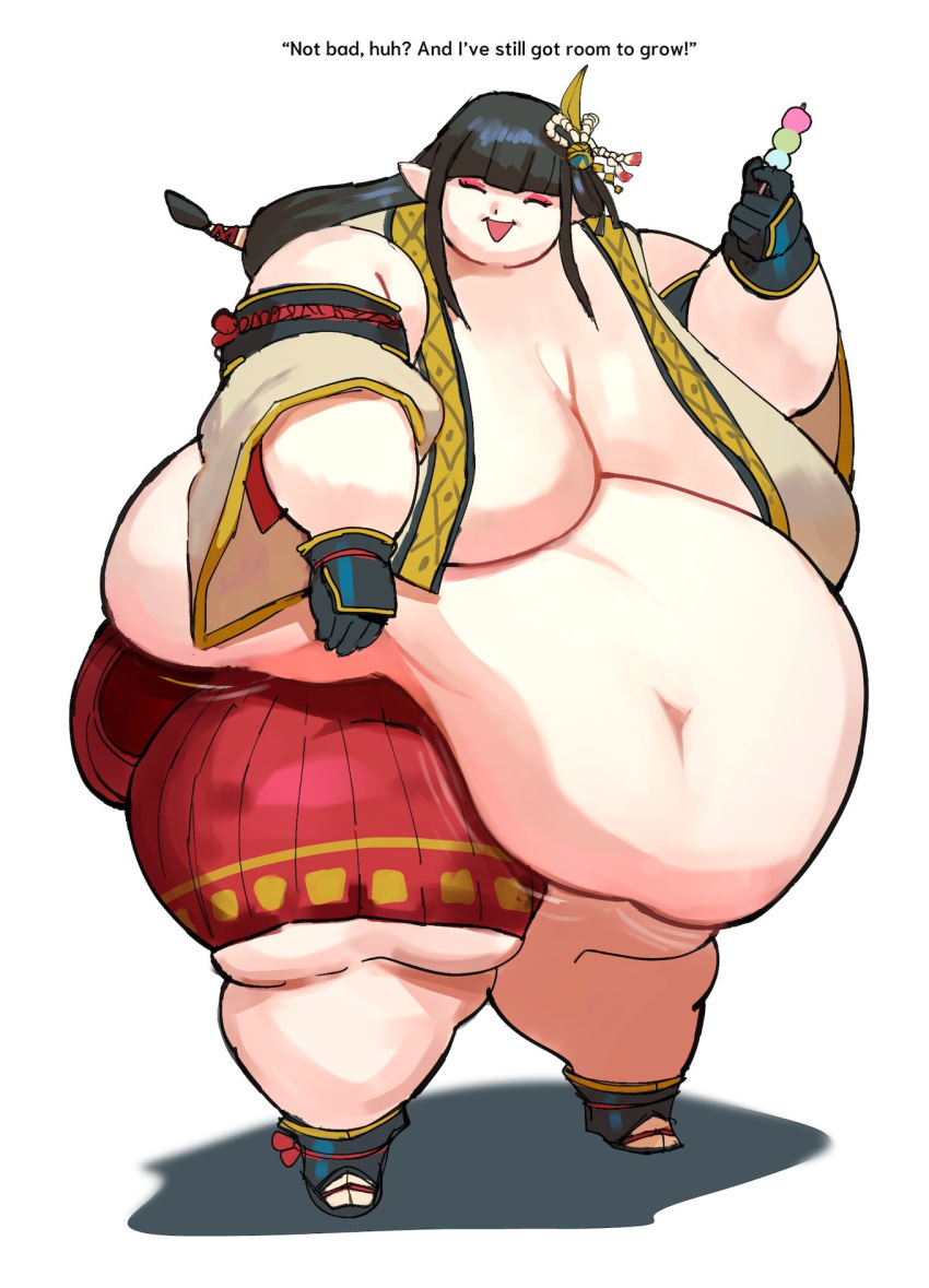 1girls 2024 absurd_res bbw belly belly_overhang black_hair breasts capcom closed_eyes dango english english_text fapolantern fat female female_focus food gigantic_belly hinoa huge_belly huge_breasts huge_thighs human monster_hunter monster_hunter_rise obese obese_female overweight overweight_female solo solo_female solo_focus ssbbw text thick_thighs thighs