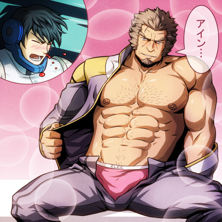 2boys abs bara black_hair blood blush body_hair brown_hair bulge crank_zent ein_dalton facial_hair gundam looking_at_viewer male male_focus male_only multiple_boys muscle muscles naughty_face nosebleed pecs public short_hair tagme underwear undressing yaoi zelo-lee