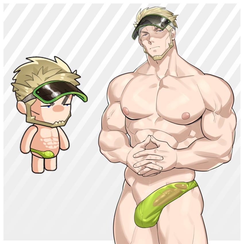 1boy abs absurdres bara beard blonde_hair bulge character_request cheekbones cowboy_shot erection erection_under_clothes ero_condo facial_hair frown full_beard girthy_penis green_male_swimwear half_thong hat highres interlocked_fingers kienbiu large_pectorals looking_at_viewer male_focus male_only male_swimwear muscular muscular_male nipples official_alternate_costume own_hands_together paid_reward_available pectorals penis see-through short_hair simple_background solo standing stomach thick_thighs thighs topless_male veins veiny_arms wet_male_swimwear