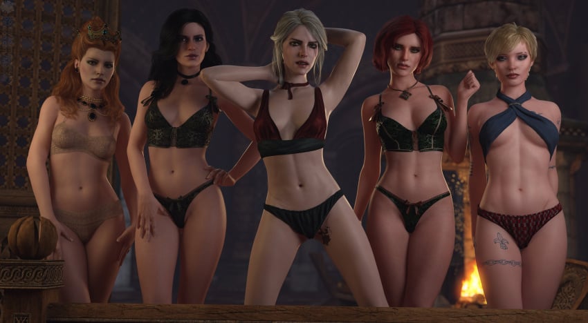 3d 5girls anna_henrietta black_hair blonde_hair blue_eyes bra cd_projekt_red ciri collar female green_eyes light-skinned_female missally multiple_girls panties purple_hair red_hair scar tattoo the_witcher_(series) the_witcher_3:_wild_hunt triss_merigold underwear ves white_hair yennefer