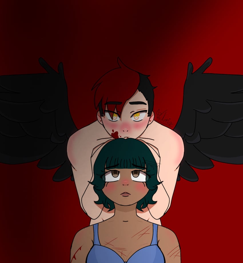 1boy1girl age_difference blood boyfriend_to_death bra brown_eyes brown_skin cain_zeitgeist cuts cutting fallen_angel green_hair isabel_(oc/beelstar_) isaberse_ mature_male nude_male oc original_character red_hair self_harm_scars self_insert teenage_girl teenager traced underwear white_skin yellow_eyes younger_female