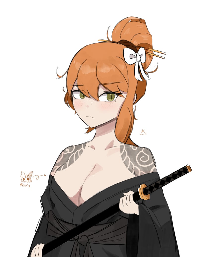 1girls big_breasts cleavage freckles ginger ginger_hair green_eyes hair_bun hair_ornament hair_ribbon ishmael_(limbus_company) katana kemono limbus_company long_hair orange_hair project_moon tied_hair weapon