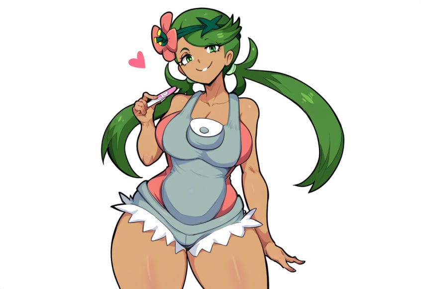 ai_generated at curvy dark-skinned_female dark_skin female implied_pregnancy large_breasts looking mallow_(pokemon) mullon novelai pokemon pokemon_sm pregnancy_test seductive_smile simple_background solo viewer wide_hips