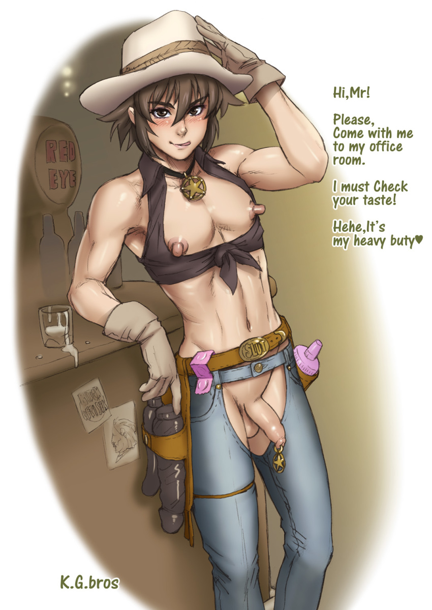 1boy 1femboy androgynous ball balls big_nipples blush brown_eyes brown_hair chaps condom condom_belt condom_packet_strip cowboy cowboy_hat cowboy_position cowboy_shot cream crotchless cum_drinking cut_clothes dildo dildo_under_panties erect_nipples femboy feminine feminine_male flaccid foreskin gay gay_male girly gloves huge_nipple jeans k.g.bros kakugari_kyoudai licking_lips looking_at_viewer male male_only niku_ringo nikuringo nipples open_clothes open_clothing open_pants penis penis_piercing piercing solo testicle testicles toned toned_male tongue_licking trap weapon yaoi yuuki_rin