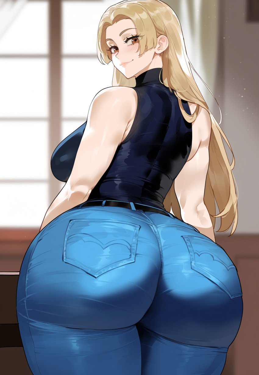 ai_generated ass ass ass_bigger_than_head ass_focus big_ass big_butt black_shirt blonde_hair brown_eyes bubble_ass bubble_butt creamy_ai curvy dat_ass fat_ass from_behind huge_ass jeans jujutsu_kaisen large_ass large_breasts long_hair round_ass round_butt shirt sideboob sleeveless sleeveless_shirt thick_ass thick_thighs wide_hips yuki_tsukumo