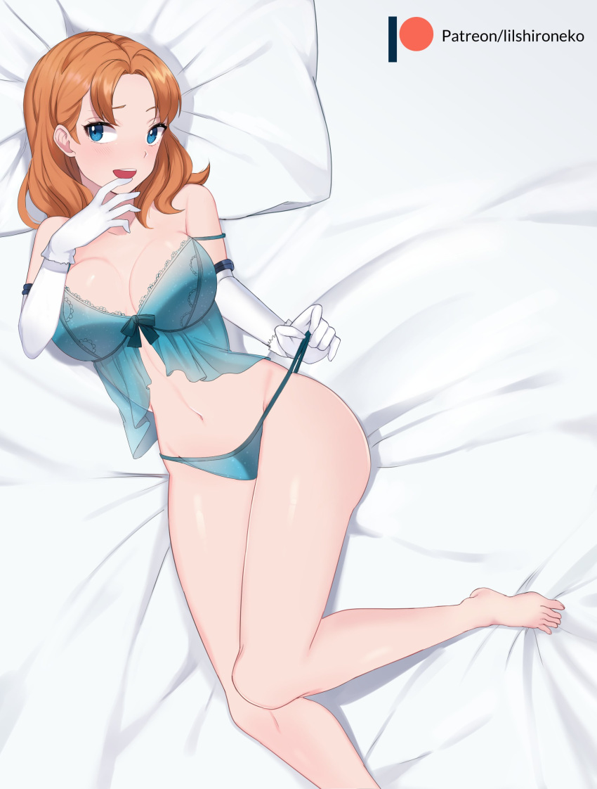 1girls annette_fantine_dominic bedroom_eyes blue_eyes blue_lingerie blue_panties breasts cleavage come_hither female female_only fire_emblem fire_emblem:_three_houses large_breasts lilshironeko lingerie looking_away medium_hair nintendo on_bed orange_hair panties panty_pull post-timeskip red_hair smile solo thighs underwear undressing