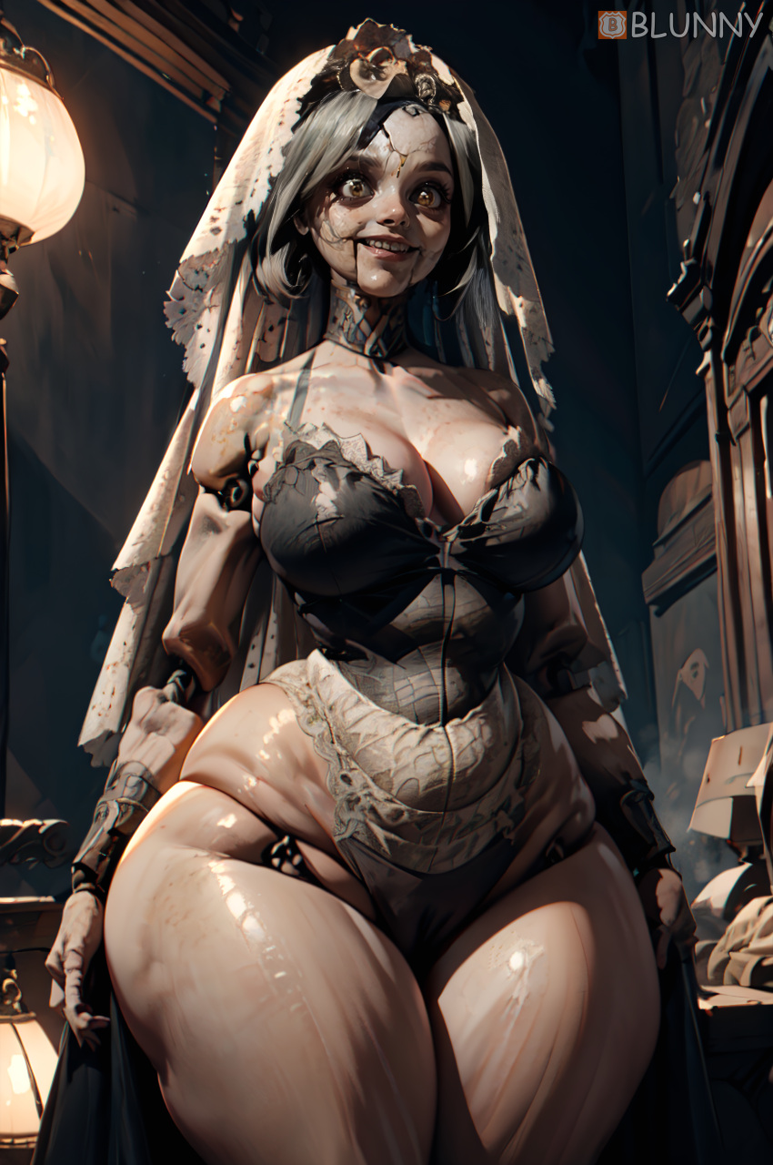 1female 1girls ai_generated angie_(resident_evil) big_breasts blunny breasts clothed curvaceous curvy doll female full_body large_butt looking_at_viewer monster_girl pussy resident_evil resident_evil_8:_village silver_hair stable_diffusion standing toy veil wedding_dress