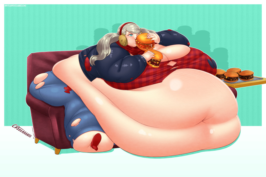 1girls 2024 ann_takamaki atlus bbw belly belly_overhang big_belly big_breasts blob breasts breasts_bigger_than_head cleavage eating educabezon fat fat_arms fat_female fat_fetish fat_thighs fat_woman feederism gigantic_belly gigantic_breasts hamburger highres immobile light-skinned_female morbidly_obese morbidly_obese_female obese obese_female overweight overweight_female persona persona_5 sitting sitting_on_couch ssbbw thighs ussbbw