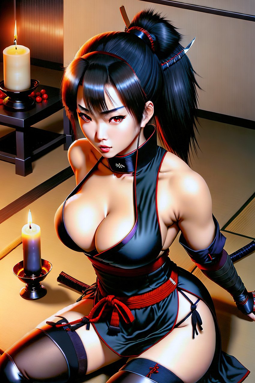 ai_generated asian big_breasts black_hair candle choker cleavage curvy deep_cleavage female_focus female_only high_slit_dress hotaru_(dainty) huge_breasts japanese japanese_house kneeling kunoichi large_breasts long_hair looking_at_viewer ninja ponytail red_eyes seductive seductive_look short_skirt sitting sole_female solo solo_female solo_focus stable_diffusion thick_thighs thighhighs tight_clothing