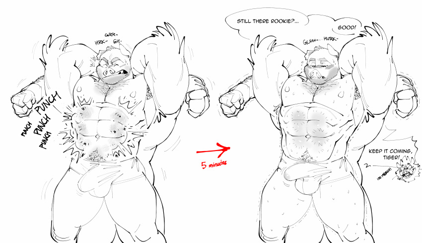 2024 abs absurd_res anthro barazoku biceps big_muscles big_penis biped bulge detailed_bulge duo genitals half-erect hi_res humanoid_genitalia humanoid_penis looking_at_viewer male mammal muscular muscular_anthro muscular_male muscular_sub pecs penis punch punching_fist raised_hand submissive suid suina sus_(pig) tofuxal wild_boar