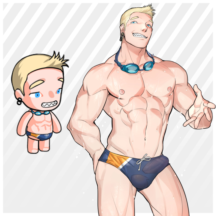 1boy abs absurdres bara blonde_hair blue_male_swimwear bulge character_request contrapposto covered_penis cowboy_shot erection erection_under_clothes ero_condo fingernails goggles goggles_around_neck highres kienbiu large_pectorals male_focus male_only male_swimwear multicolored_male_swimwear muscular muscular_male navel nipples official_alternate_costume orange_male_swimwear outstretched_hand paid_reward_available pectorals see-through sharp_fingernails short_hair simple_background solo standing stomach swim_briefs thick_thighs thighs wet wet_male_swimwear