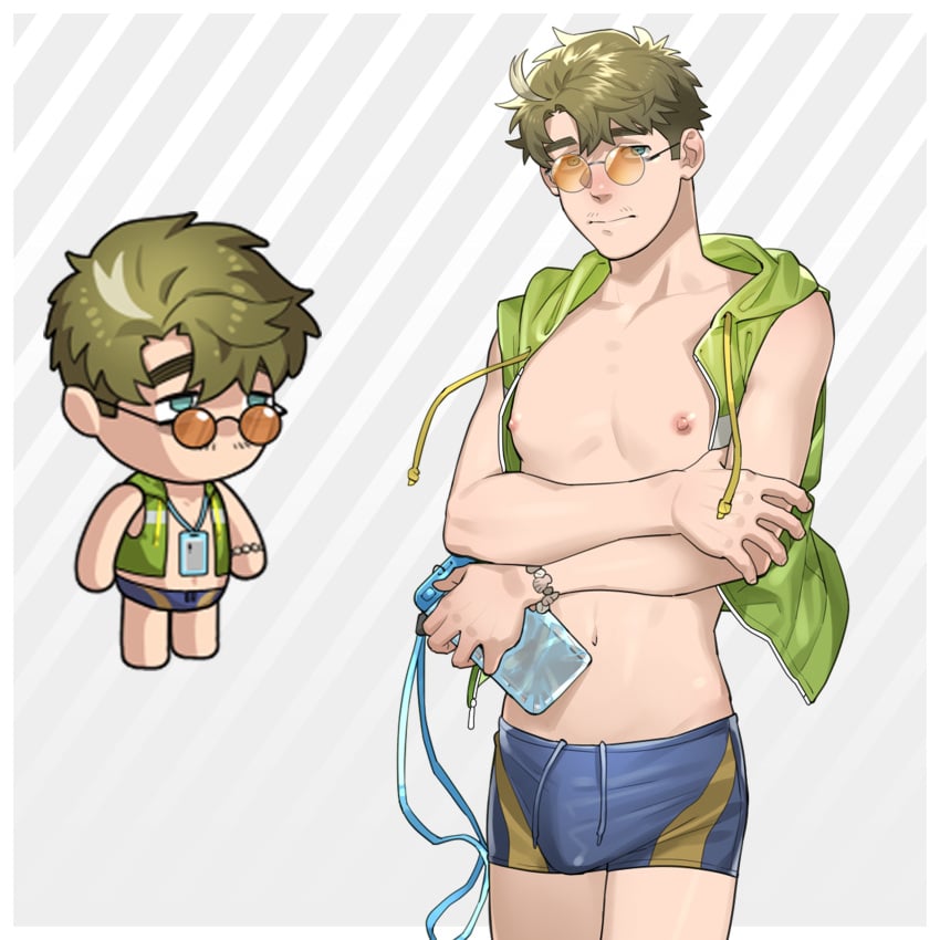 1boy absurdres bara bare_pectorals bulge chibi cowboy_shot ero_condo highres jacket kienbiu lariat_(ero_condo) light_brown_hair male_focus male_only male_swimwear masculine navel nipples official_alternate_costume open_clothes open_jacket paid_reward_available pectorals round_eyewear short_hair simple_background skinny solo standing stomach sunglasses swim_briefs