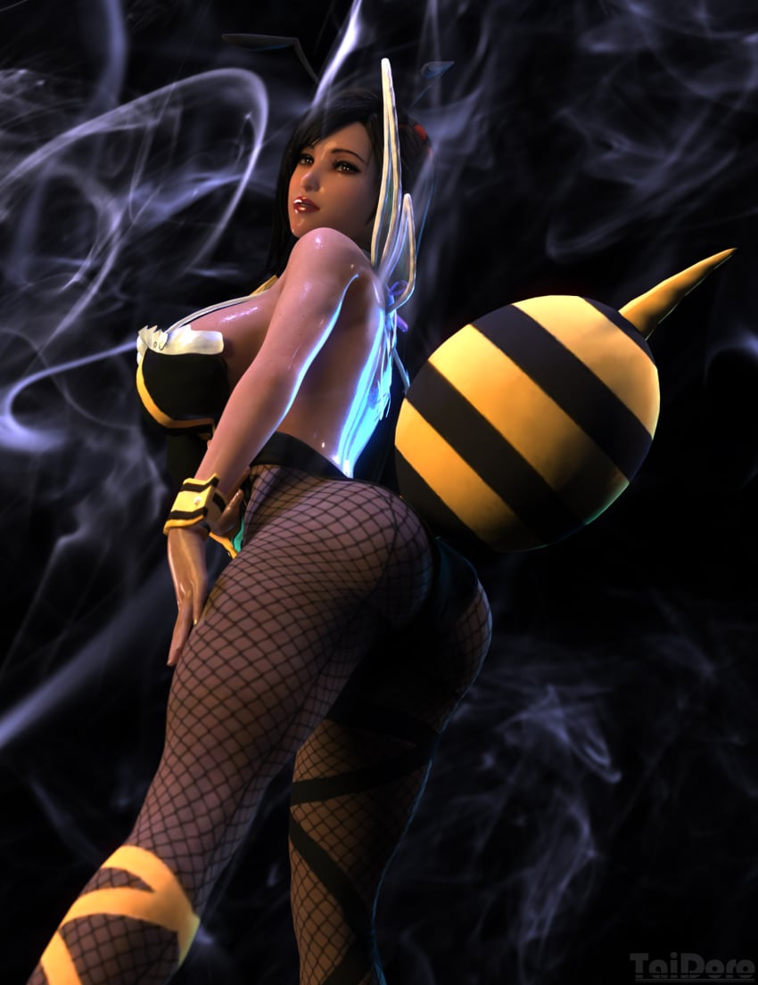 1girls 3d 3d_(artwork) 3dx ass bee_costume breasts female_only final_fantasy final_fantasy_vii final_fantasy_vii_remake fishnets huge_breasts looking_at_viewer low-angle_view rear_view shiny_skin taidoro tifa_lockhart