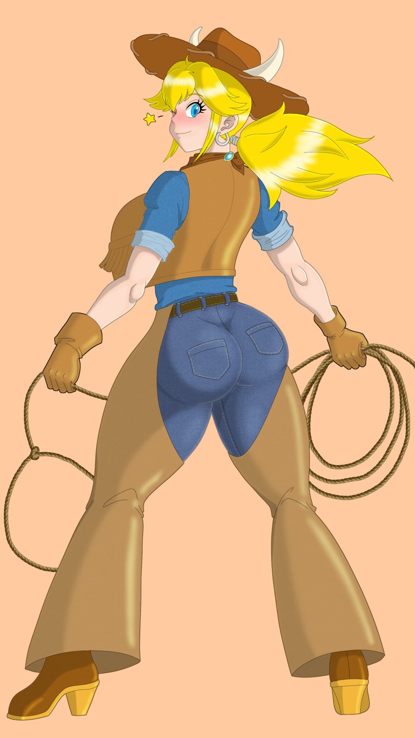 blonde_hair blue_eyes cowgirl_peach female huge_ass huge_breasts looking_at_viewer mario_(series) png ponytail princess_peach princess_peach:_showtime! ryle_k thick_legs