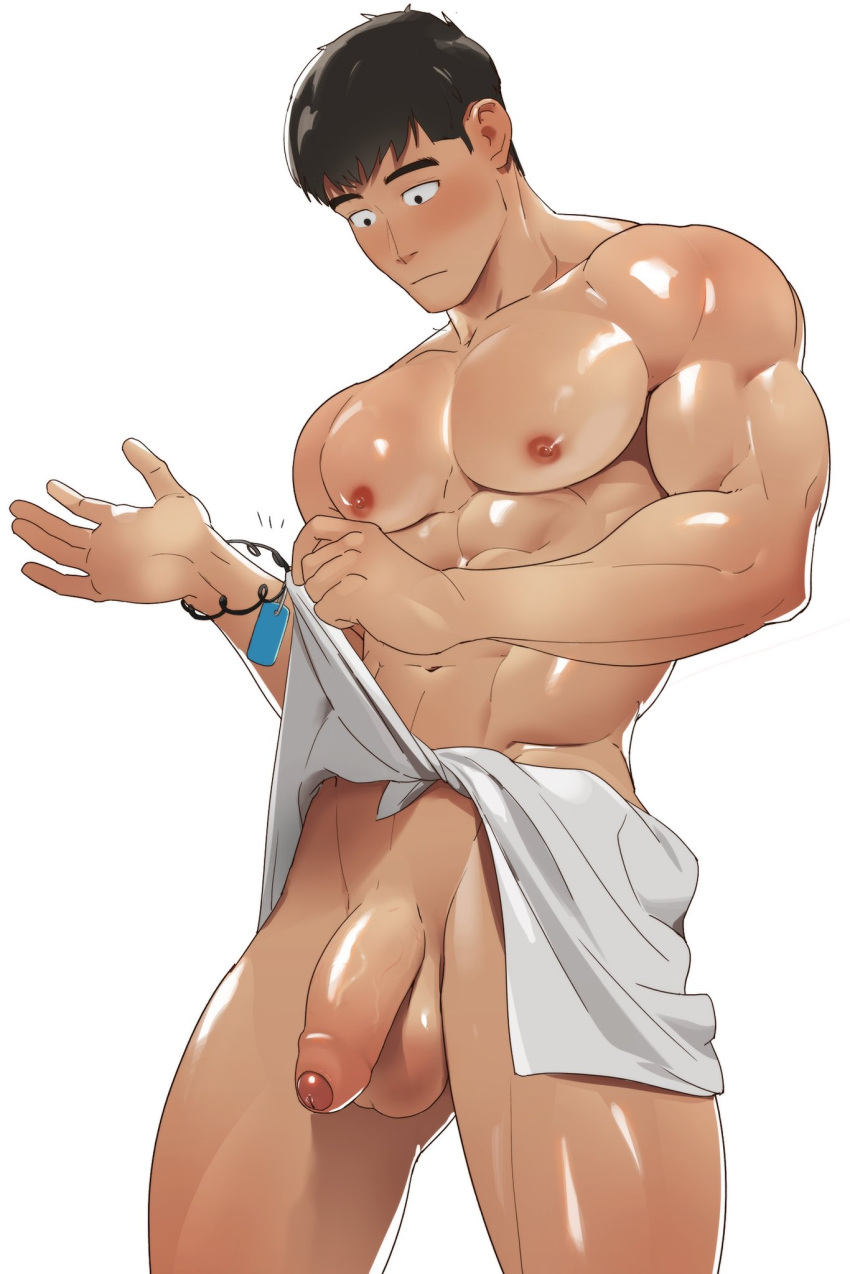 1boy balls bara blush brown_hair foreskin male male_focus male_nipples male_only muscular_male naoki_(xhju8282) nipples nude penis solo_male towel_around_waist uncut unretracted_foreskin