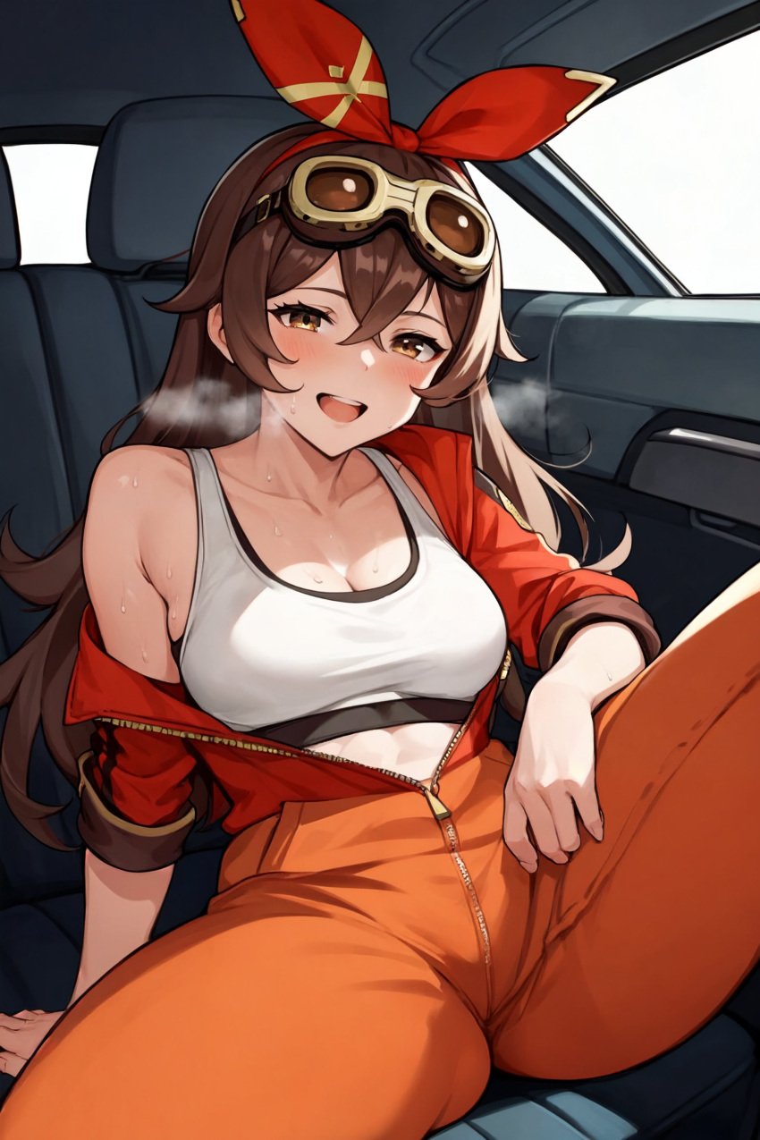 ai_generated aimoonshine alternate_costume amber_(genshin_impact) blush bow brown_eyes brown_hair busty car_interior contemporary genshin_impact goggles_on_head half-closed_eyes jumpsuit long_hair looking_at_viewer medium_breasts messy_hair open_mouth orange_jumpsuit partially_unzipped red_hairband sitting smile sports_bra spread_legs steaming_body sweat sweatdrop thick_thighs truck_(vehicle) white_bra