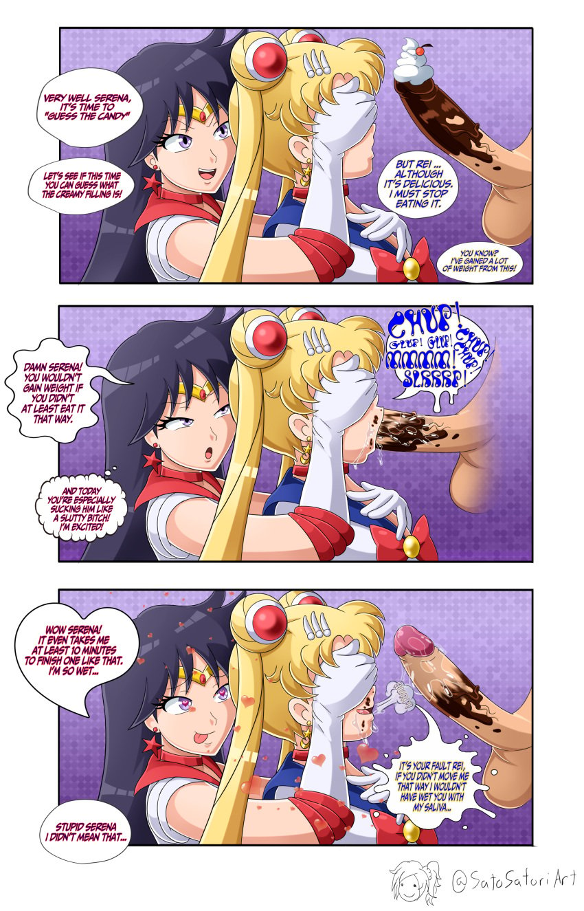 1boy 2girls 2girls1boy bishoujo_senshi_sailor_moon blonde_female blonde_hair blonde_hair_female blue_eyes clothed clothed_female_nude_male clothing comic comic_panel covering covering_another's_mouth double_bun earrings english_text erection hair_bun hair_buns hand_covering_face happy happy_female heart-shaped_pupils hearts_around_head magical_girl multiple_females multiple_girls open_mouth oral oral_sex partial_male penis purple_eyes purple_hair red_choker rei_hino sailor_mars sailor_moon satosatori speech_bubble star_(symbol) star_earrings sucking sucking_penis testicles threesome uncensored uncensored_penis unseen_male_face usagi_tsukino whipped_cream whipped_cream_on_penis