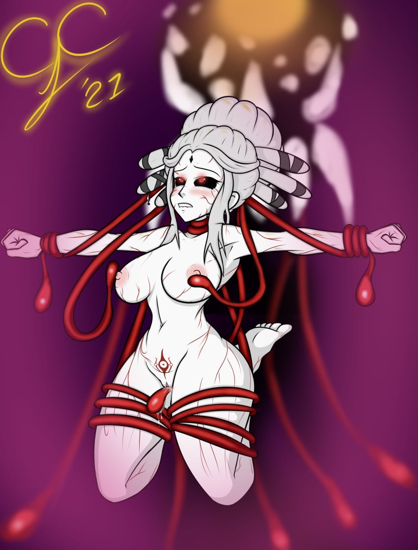 big_breasts biting_lip body_markings bondage breasts cjanitorc female_focus grey_hair grey_skin grimm_(rwby) large_breasts milf naked nude_female pubic_tattoo red_eyes rwby salem_(rwby) seer_(rwby) tattoo teasing tentacle