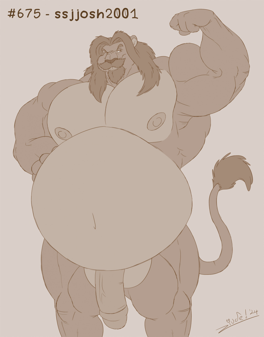 1boy 2024 anthro artist_name balls ballsack bara beefy belly biceps big_balls big_belly big_muscles big_penis biped eyebrows facial_hair felid flaccid_penis flexing flexing_bicep foreskin foreskin_folds front_view genitals glans goatee greyscale hi_res humanoid_genitalia humanoid_penis intact juano leonine leonine_tail lion long_hair_male long_mane looking_at_viewer male male_nipples male_only mammal mane masculine mature_male monochrome musclegut muscles muscular_anthro muscular_male muscular_thighs mustache navel nude_male pantherine pecs penis retracted_foreskin scrotum solo standing tail tail_tuft testicles tuft uncut veiny_penis ziude