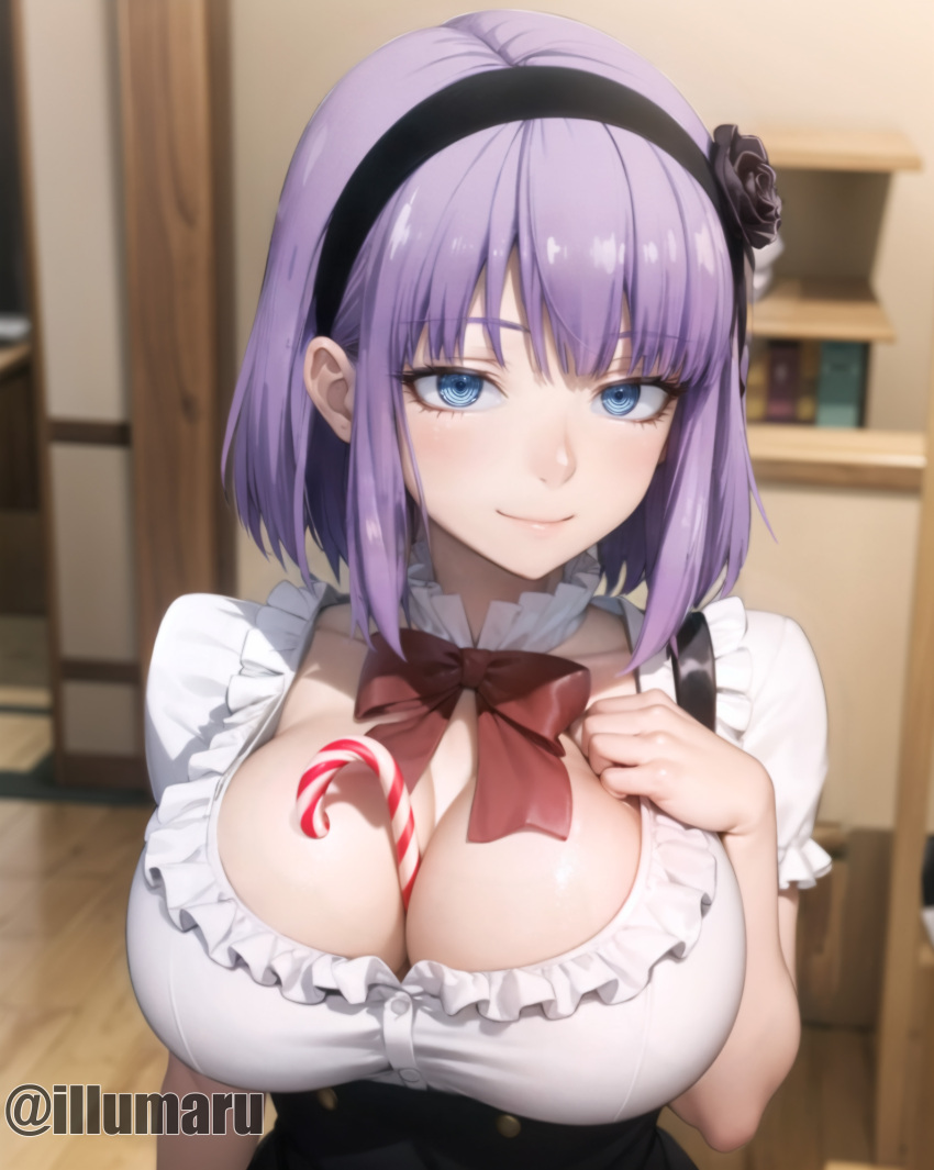 1girls 2024 ai_generated between_breasts blue_eyes bow bowtie bra breasts candy chocolate chocolate_bar cleavage dagashi_kashi detailed drooling flower food hair_flower hair_ornament hi_res highres huge_breasts illumaru lace large_breasts looking_at_viewer open_clothes open_shirt purple_hair reaching reaching_towards_viewer shidare_hotaru shirt short_hair smile solo stable_diffusion upper_body v-shaped_eyebrows