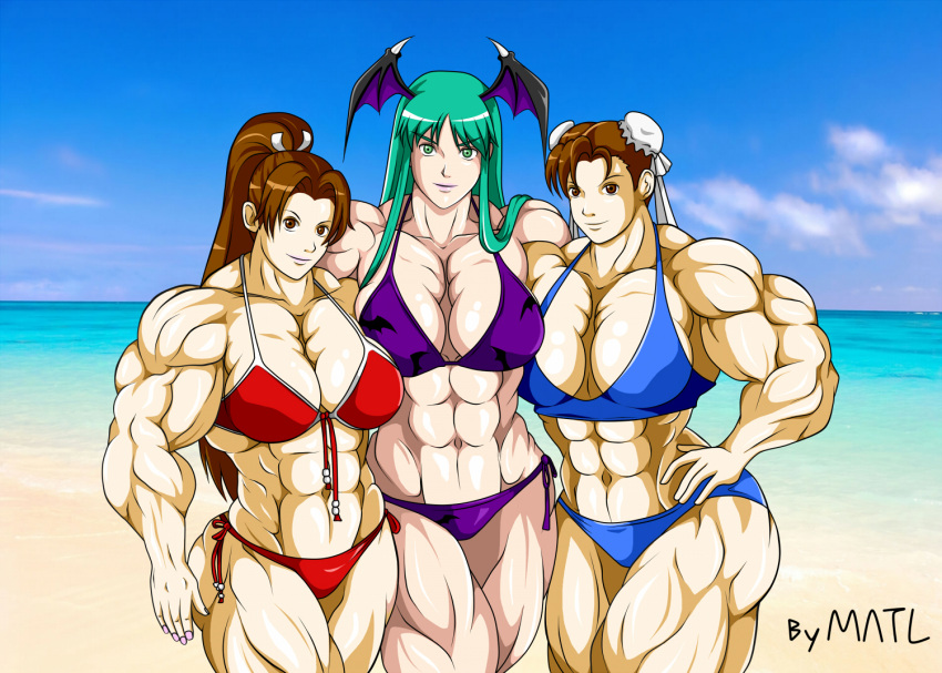 3girls abs ass beach biceps big_breasts bikini breasts brown_eyes brown_hair capcom chun-li crossover darkstalkers double_bun extreme_muscles female female_only green_eyes green_hair hair head_wings huge_breasts king_of_fighters large_breasts long_hair mai_shiranui matl morrigan_aensland multiple_girls muscles muscular muscular_arms muscular_female muscular_legs muscular_thighs pecs ponytail street_fighter succubus