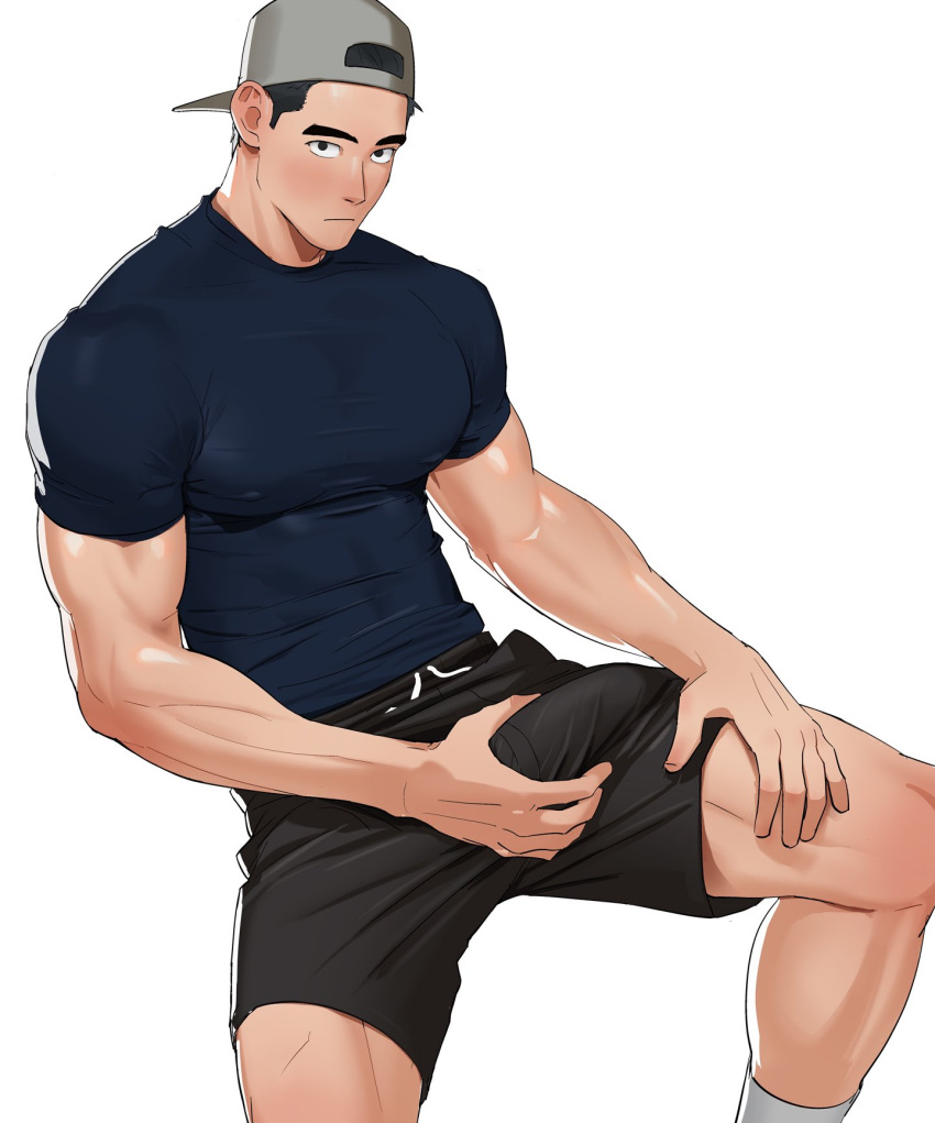 1boy bara big_bulge blush bulge clothing compression_shirt erection erection_under_clothes grabbing_bulge grabbing_penis grabbing_penis_through_clothes huge_bulge looking_at_viewer male male_focus male_only muscle_shirt muscular muscular_male naoki_(xhju8282) penis_outline skin_tight solo solo_male tight_clothing