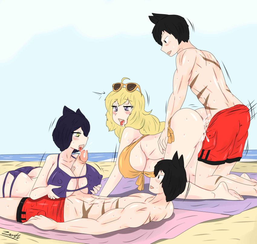 2boys 2girls beach bikini bikini_bottom bikini_top black_hair black_hair_female blake_belladonna blonde_female blonde_hair boobjob clone jin_satou original_character penetration rwby scars sex sex_from_behind sunglasses_on_head tongue_out yang_xiao_long zronku