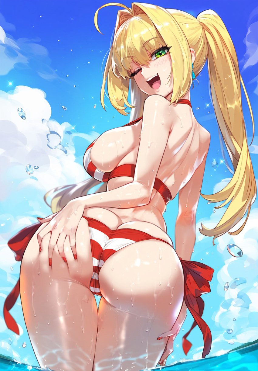 ai_generated beach big_ass big_breasts bikini dat_ass fate_(series) looking_at_viewer looking_back nero_claudius_(fate) pawg presenting_ass sayuai skimpy_bikini solo tagme wet wet_body