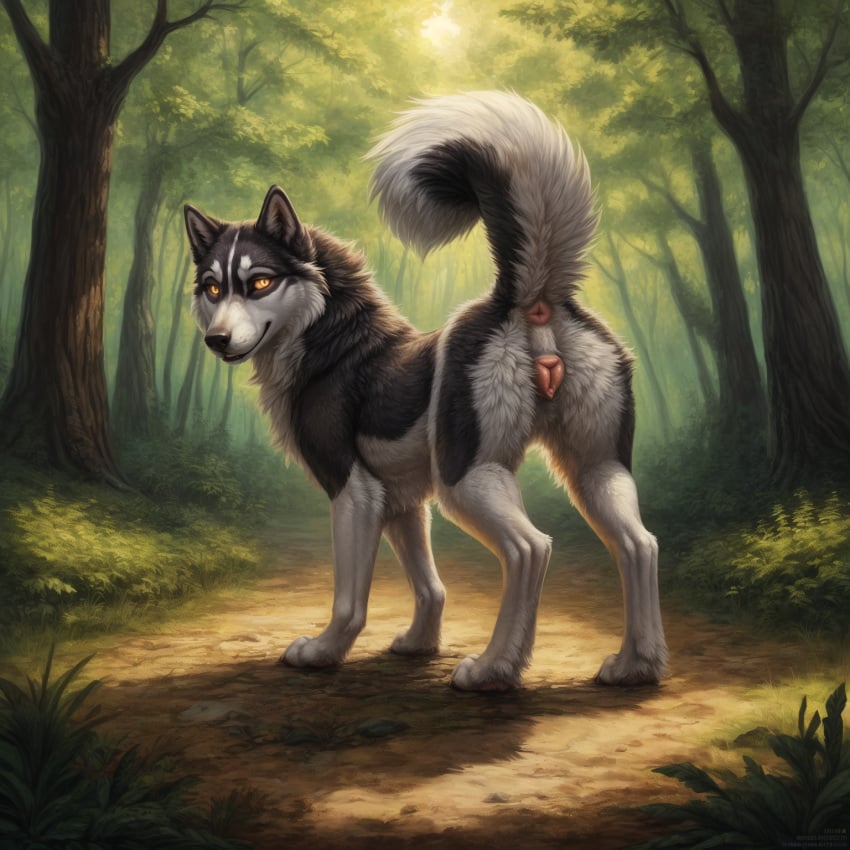 ai_generated animal_genitalia animal_pussy anus ass attempted_signature black_body black_fur black_nose blp canid canine canine_pussy canis cheek_tuft day detailed detailed_background detailed_fur domestic_dog ears_up facial_tuft female feral forest fur genitals glowing glowing_eyes hi_res husky inner_ear_fluff light looking_at_viewer looking_back looking_back_at_viewer mammal multicolored_body multicolored_fur nordic_sled_dog outside path paws pink_anus pink_pussy plant presenting presenting_hindquarters pussy raised_tail siberian_husky solo spitz standing sunlight three-quarter_view tree tuft two_tone_body two_tone_fur white_body white_fur y_anus yellow_eyes