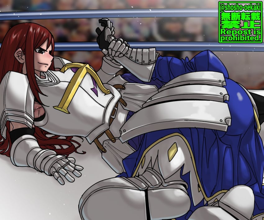 armor artoria_pendragon catfight choking clothed crossover do_not_repost erza_scarlet fairy_tail fate/grand_order fate/stay_night fate_(series) holding_arm humiliation saber sexfight shosho_oekaki smug struggling wrestling wrestling_ring