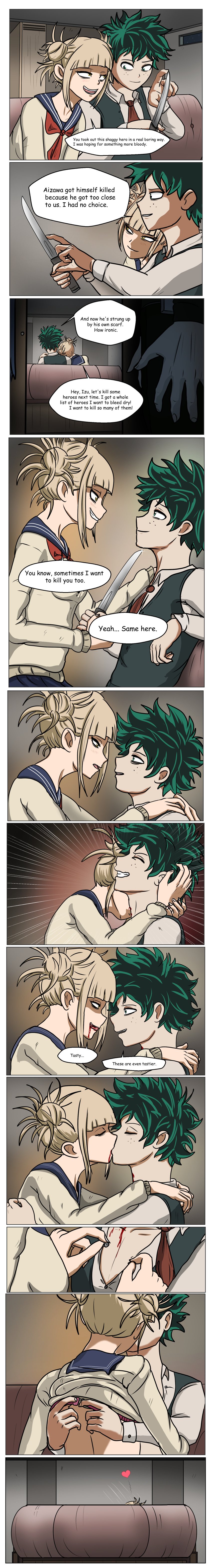 1boy 1boy1girl 1girls bite blonde_hair blood blood_drinking blood_in_mouth boku_no_hero_academia death dialogue english_text female female_on_top green_eyes green_hair heart_around_head himiko_toga izuku_midoriya knife light_skin male male/female midoriya_izuku my_hero_academia plotting porn_with_plot sofa symptom99 toga_himiko villain wholesome yellow_eyes