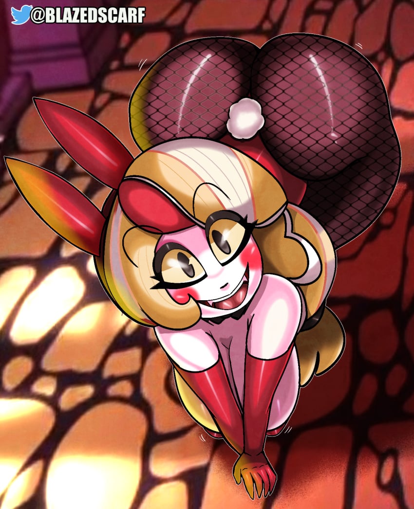 ass ass_up big_ass big_breasts big_butt blazedscarf breasts bunny_girl bunnysuit charlie_morningstar_(hazbin_hotel) demon demon_girl drooping_breasts fishnets hazbin_hotel on_knees pac-man_eyes thick thick_ass thick_thighs