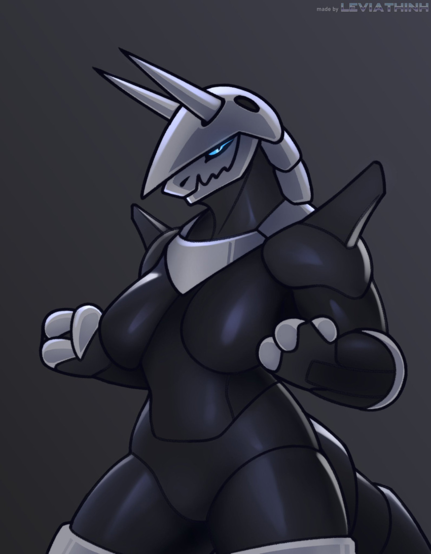 2d aggron anthro armor black_body blue_eyes breasts dragon english_text featureless_breasts featureless_crotch female female_anthro female_focus female_only female_pokemon grey_background horns large_breasts leviathinh lizard lizard_girl lizard_humanoid looking_at_viewer mostly_nude muscular muscular_female nintendo pokémon_(species) pokemon pokemon_(species) pokemon_only scalie smile solo solo_female tail