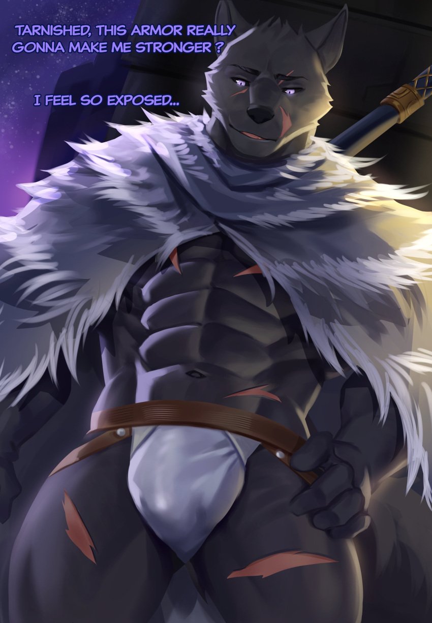 abs absurd_res anthro black_nose blaidd_(elden_ring) bulge canid canine canis cape clothed clothing elden_ring english_text fromsoftware hi_res jockstrap kult2k male mammal muscular muscular_anthro muscular_male navel scar solo text underwear wolf