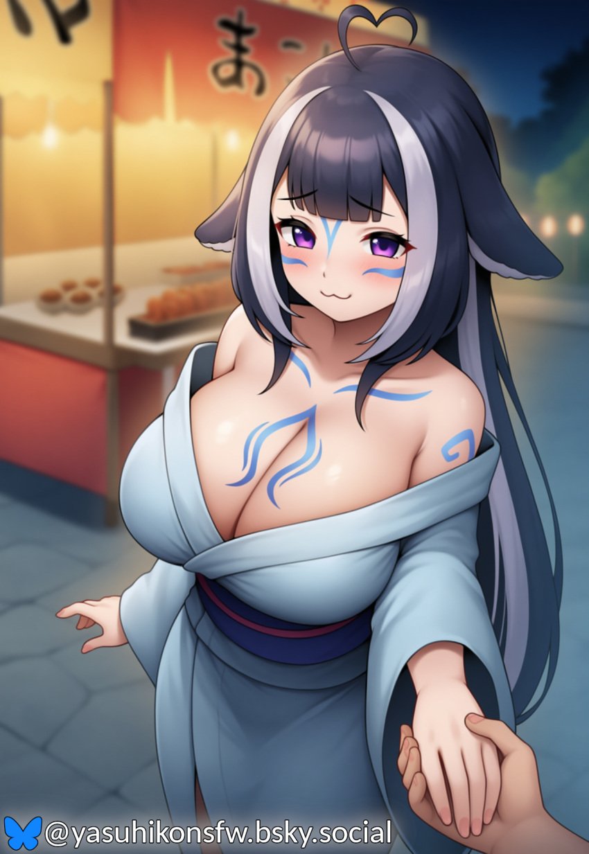 1girls :3 ahoge ai_generated bare_shoulders blue_hair bluesky_logo bluesky_username blushing blushing_at_viewer body_markings cleavage from_above handholding heavy_breasts holding_hands huge_breasts kimono large_breasts light-skinned_female long_hair looking_at_viewer new_year night orca_girl pov pov_eye_contact purple_eyes shylily vtuber vtuberfanart yasuhikonsfw