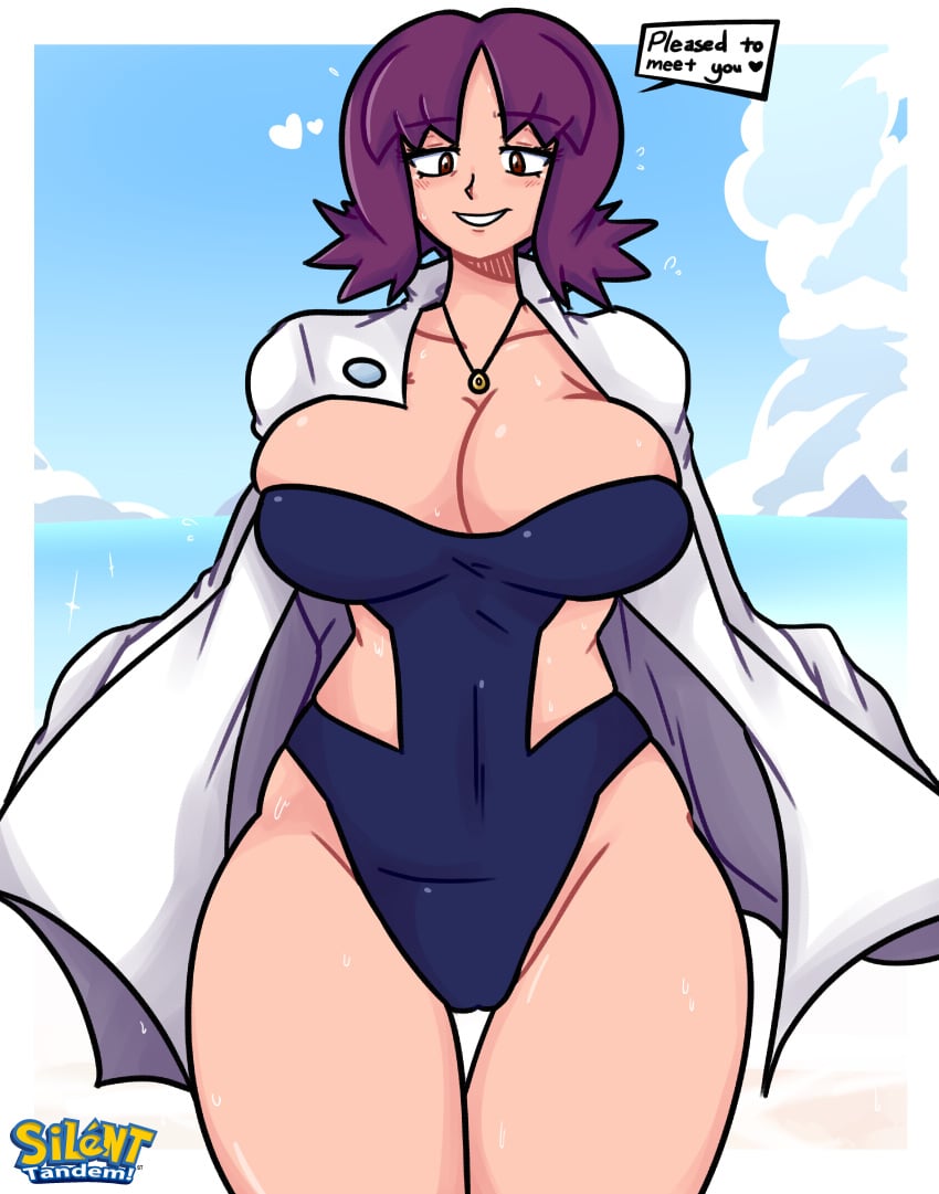 big_breasts big_thighs blush brown_eyes cameltoe heart labcoat necklace philena_ivy pokemon pokemon_anime professor_ivy_(pokemon_anime) purple_hair short_hair silenttandem smiling smiling_at_viewer swimsuit text text_box thighs unbuttoned wet