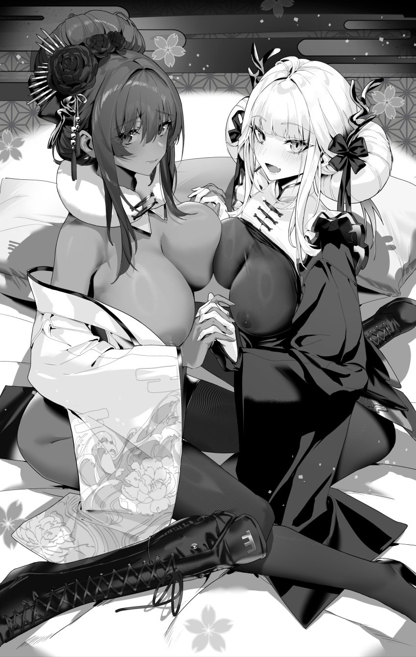 artist_request blanc_(nikke) blanc_(white_rabbit)_(nikke) boots goddess_of_victory:_nikke kimono noir_(black_rabbit)_(nikke) noir_(nikke) pantyhose tagme 七昭