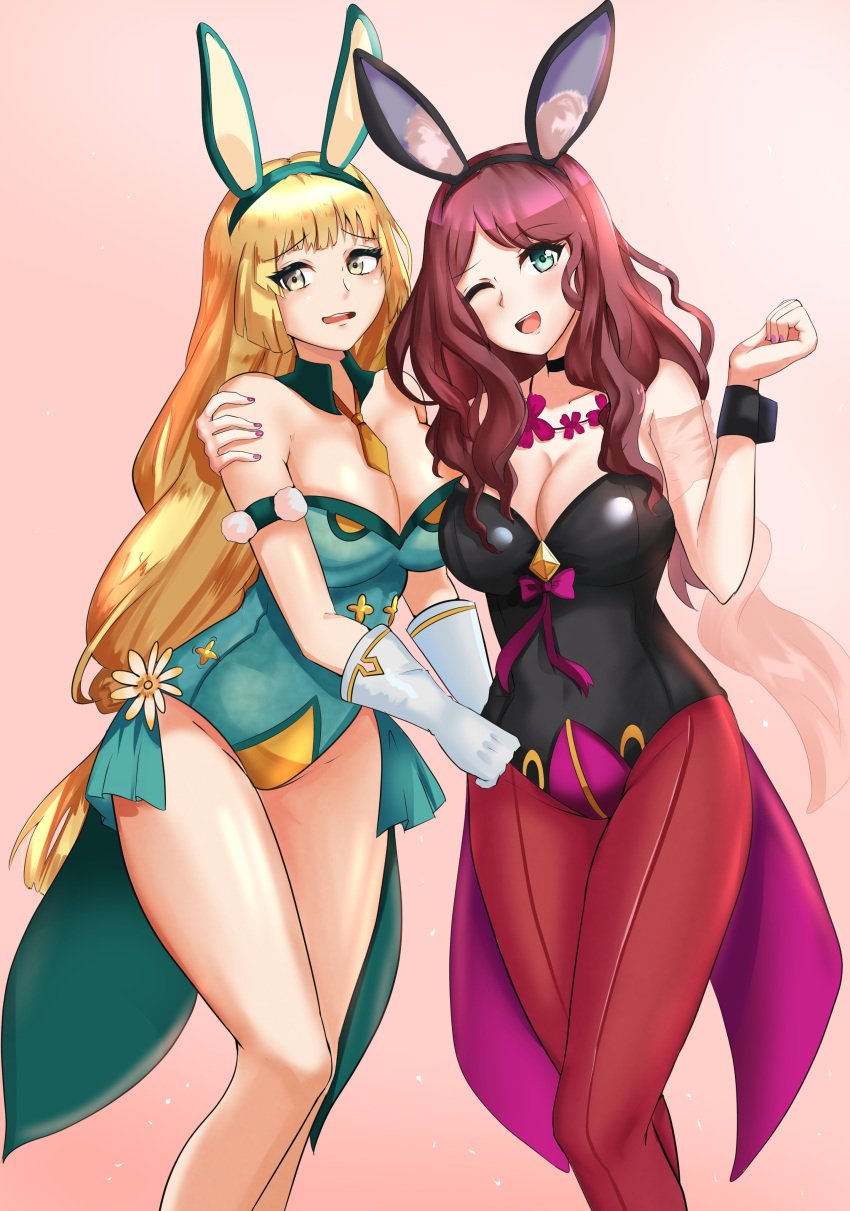 2girls alternate_costume blonde_hair breasts brown_hair bunny_ears bunny_girl bunnysuit cleavage dorothea_arnault easter female female_only fire_emblem fire_emblem:_three_houses green_eyes grey_eyes ingrid_brandl_galatea large_breasts looking_at_viewer nintendo thighs wink zipperqr