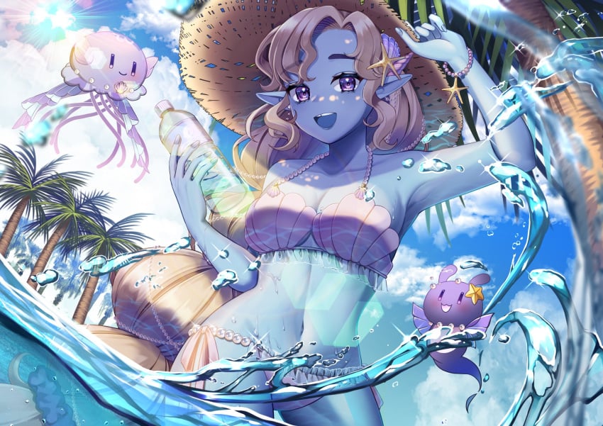 blonde_hair blue_skin blue_sky bottle cloud colored_skin day ewokaku335 hand_on_headwear hat highres holding holding_bottle indie_virtual_youtuber jimblee long_hair navel open_mouth outdoors palm_tree pointy_ears purple_eyes shell shell_bikini sky splashing starfish_hair_ornament straw_hat tree very_long_hair virtual_youtuber water water_bottle