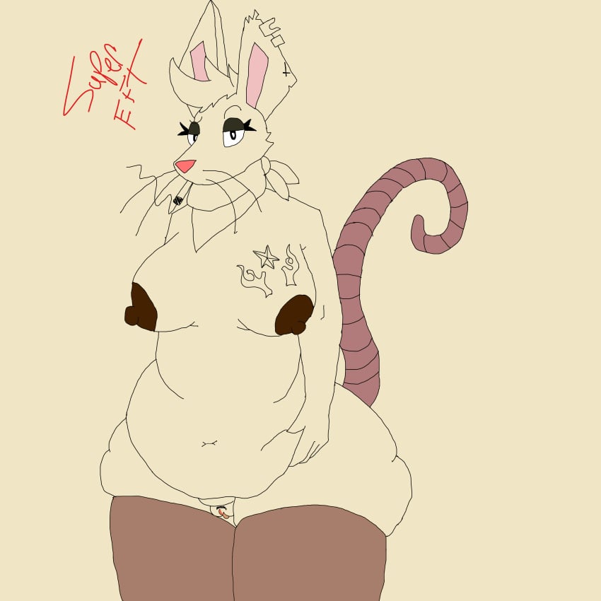 absurd_res brown_nipples cigarette cigarette_in_mouth clothing ear_piercing female hi_res kerchief legwear mammal mouse murid murine neckerchief nipples object_in_mouth overweight overweight_female piercing pubes rodent solo stockings supereft_(artist) tail