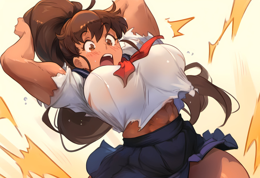 1girls ai_generated alternate_breast_size brown_hair female female_only gigantic_breasts growth huge_breasts human motion_blur muscle_growth muscular_female novelai open_mouth ponytail serafuku solo surprised taneshima_popura torn_clothes working!!