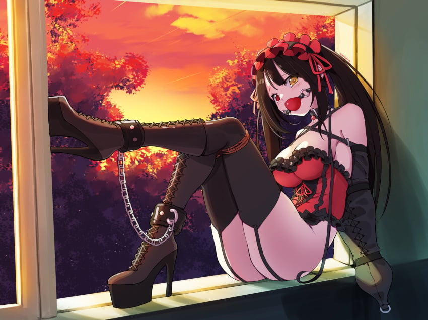 1girls armbinder ball_gag bogdia bondage bondage_gear bondage_outfit boots cuffs date_a_live female gag gagged heel_boots heels leash rope scenery tokisaki_kurumi window