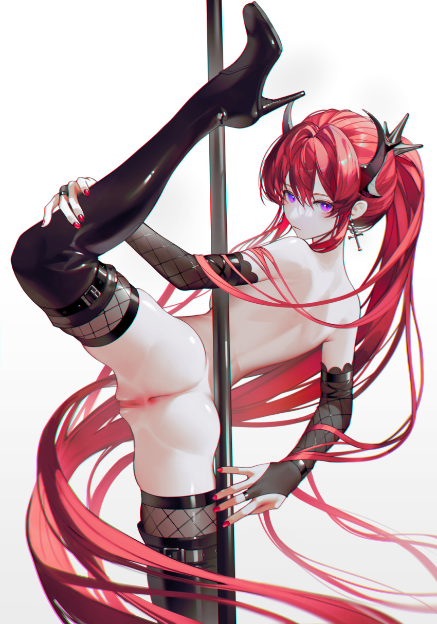 anus arknights ass back boots censored cropped_legs cross cross_earrings double-parted_bangs earrings female high_heels highres horns iumu jewelry long_hair looking_at_viewer pole_dancing ponytail purple_eyes pussy red_hair red_nails sidelocks spread_legs stiletto_heels surtr_(arknights) thigh_boots turning_head very_long_hair white_background