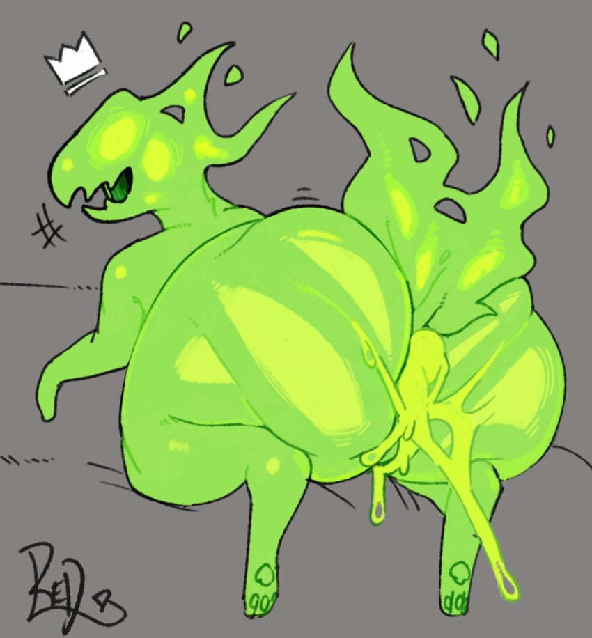 ass asshole balls cum cum_in_ass cum_in_pussy cum_inside female female_only green green_body green_cum green_skin horror_(nuclear_throne) jagged_mouth jagged_teeth large_ass looking_back looking_back_at_viewer no_eyes nuclear_throne pawpads paws penis pussy redactedinlight tail vein veiny_penis