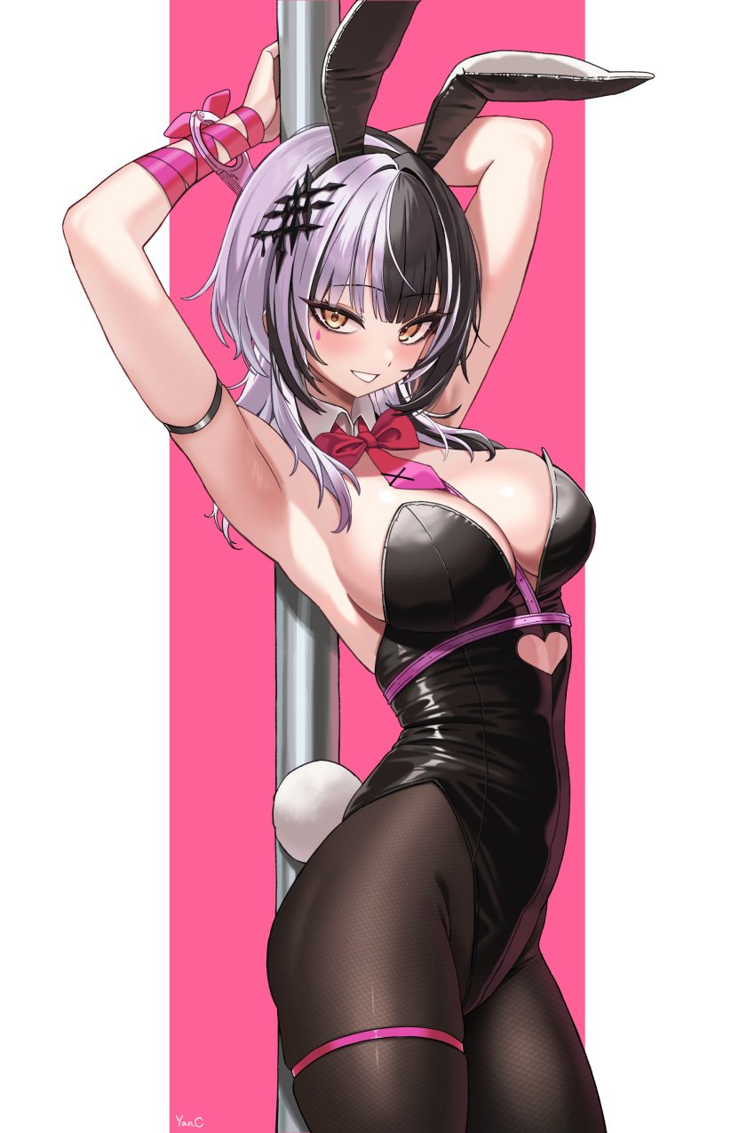 1girls arms_up black_hair bondage breasts bunny_ears bunny_girl bunny_tail bunnysuit cleavage cuffs female female_only goth goth_girl handcuffs hololive hololive_english hololive_english_-advent- looking_at_viewer pole rabbit_hole_(cosplay) rabbit_hole_(vocaloid) seductive_look shiori_novella short_hair smile solo tail two_tone_hair virtual_youtuber white_hair yan.c yellow_eyes