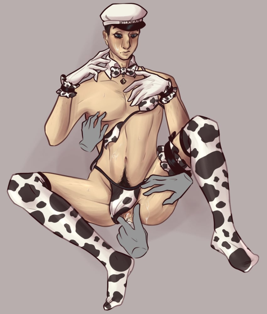 1boy bowtie cow_print cum_in_ass cum_on_body disembodied_hands francis_mosses functionally_nude male_focus milkman solo_male sorrymom that's_not_my_neighbor