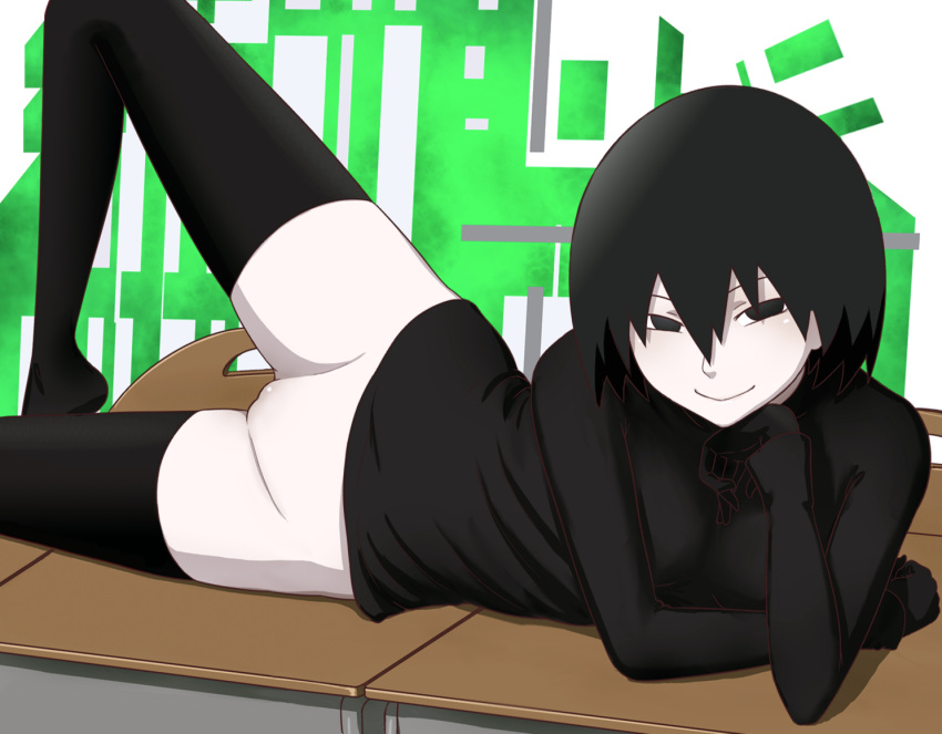 black_eyes black_hair black_legwear desk female gloves looking_at_viewer monogatari_(series) okipuu oshino_ougi owarimonogatari pale_skin pussy solo