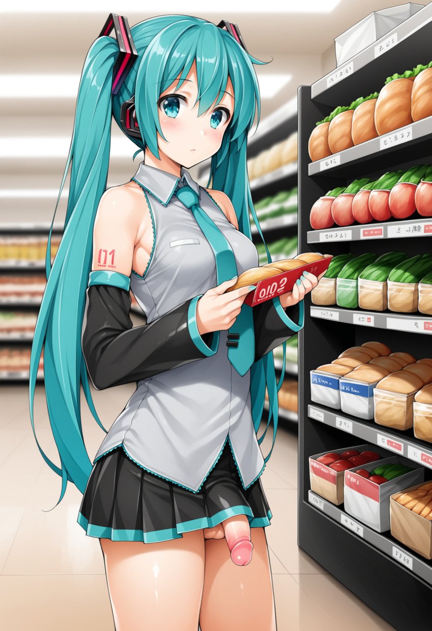 1futa ai_generated buying clothed clothing futanari hatsune_miku looking_at_viewer penis_out penis_under_skirt small_penis supermarket vocaloid