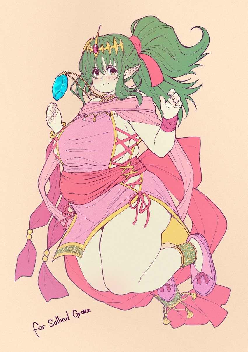 1girls alternate_body_size alternate_breast_size alternate_costume bangle bare_shoulders blue_gemstone blush bracelet breasts circlet closed_mouth cloudxmoe commission commissioner_name curvy dress english_commentary female female_only fire_emblem fire_emblem_awakening fire_emblem_heroes full_body gem green_eyes green_hair hair_ribbon highres jewelry large_breasts light_brown_background long_hair looking_at_viewer necklace nintendo official_alternate_costume open_hand overweight_female pink_dress pink_footwear plump pointy_ears ponytail ribbon shoes side_slit sidelocks simple_background solo tareme taut_clothes taut_dress thick_arms thick_thighs thighs tiki_(adult)_(fated_divinity)_(fire_emblem) tiki_(adult)_(fire_emblem) tiki_(fire_emblem) voluptuous wrist_wrap