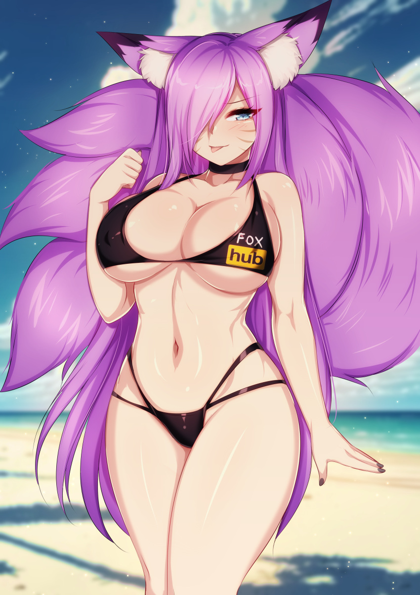 1girls beach beach_background big_breast big_breasts bikini black_bikini black_swimsuit black_swimwear blue_eyes dirtykuro female female_only fox fox_ear fox_ears fox_girl fox_tail foxgirl foxykuro hair_covering_eye hair_covering_one_eye hair_over_eye hair_over_one_eye huge_breast huge_breasts kuro_(foxykuro) large_breast large_breasts long_hair_female long_purple_hair pornhub pornhub_bra purple_hair purple_hair_female swimsuit swimwear